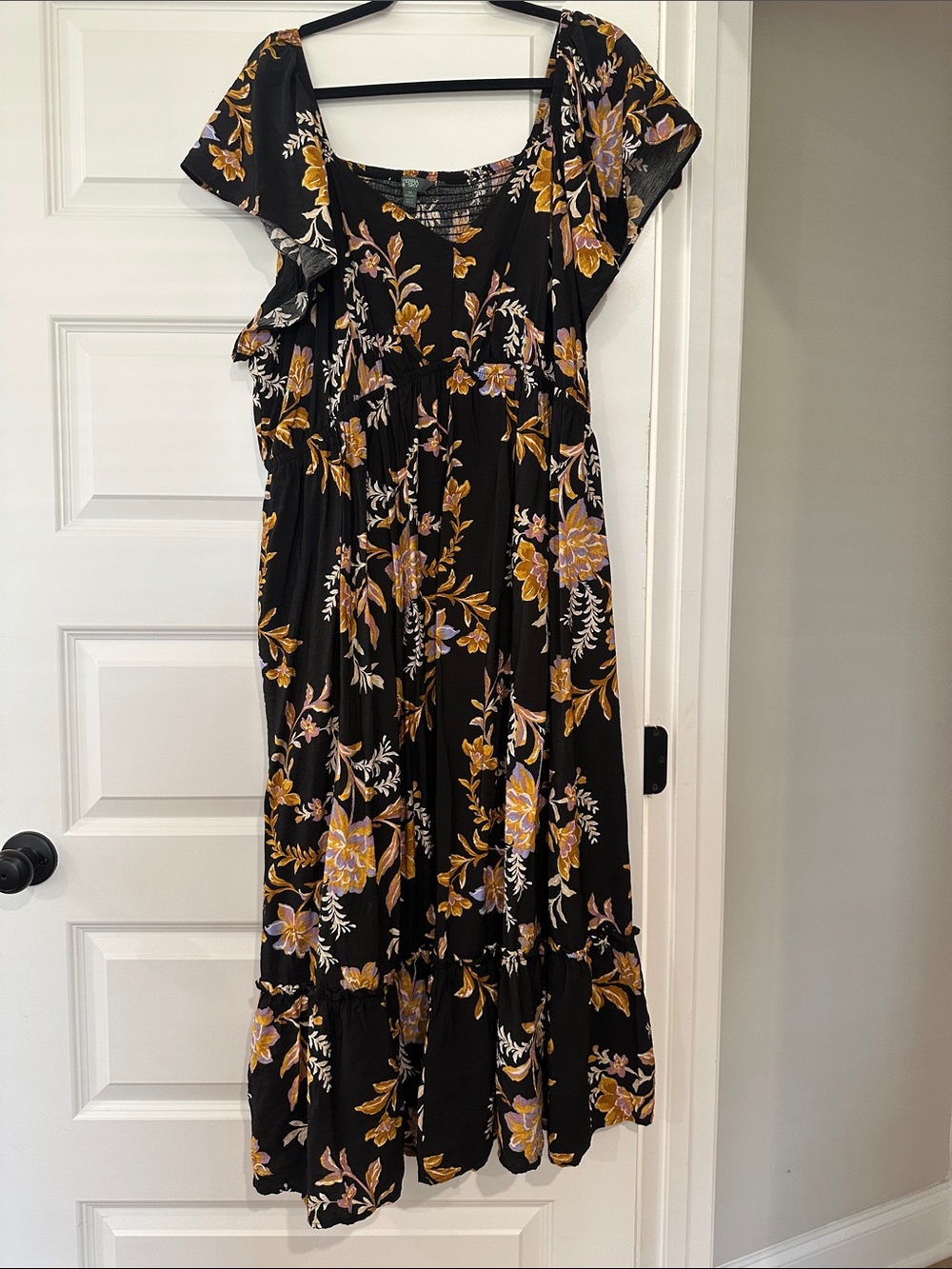 Terra & Sky Black Midi Dress with Yellow & Lavender Floral
